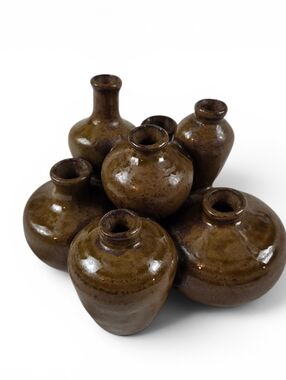 Mid-Century Brown Glazed Pottery Clustered Bud Vases